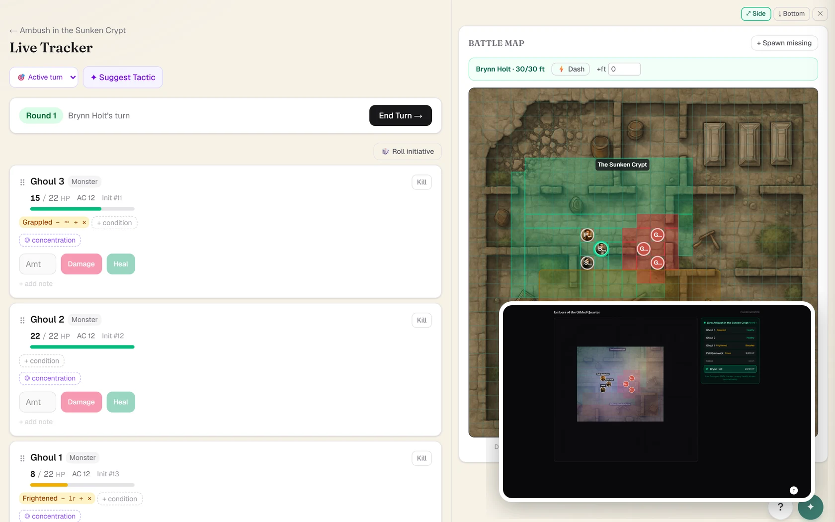 The QuestMaster Live Tracker: an initiative list of combatants with HP bars and conditions on the left, and a hand-drawn tactical battle map with tokens, movement and threat overlays, and a player-monitor preview on the right.